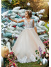 Elbow Sleeves Ivory Lace Champagne Tulle Flower Girl Dress Elbow Sleeves Ivory Lace Champagne Tulle Flower Girl Dress